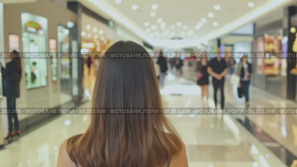 Woman with long brown hair, seen from behind, walks through a bright modern shopping mall, capturing the essence of retail therapy or urban lifestyle. Стоковое AI-видео, аниматор Елена Никишина / Фотобанк Лори