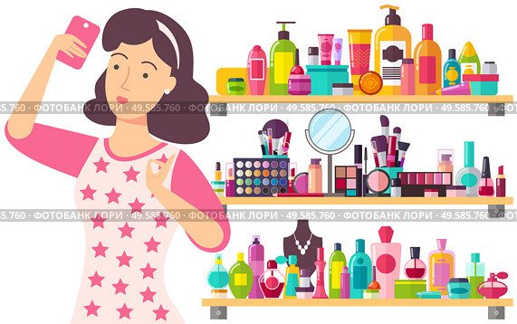 Woman with phone in hand. On background many elements of cosmetics like cream or gel, palettes or concealers, lipsticks or perfumes vector illustration. Woman with Many Cosmetics, Concealer and Lipstick. Стоковая иллюстрация, агентство Ingram Publishing / Фотобанк Лори