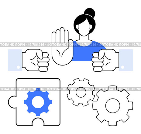Woman with raised hand signaling stop, two hands in front of her, puzzle piece with gear, and three gears. Ideal for teamwork, communication, conflict resolution, problem-solving, organizational. Conflict Resolution and Problem-Solving Concept with Teamwork and Communication Elements. Стоковая иллюстрация, агентство Ingram Publishing / Фотобанк Лори