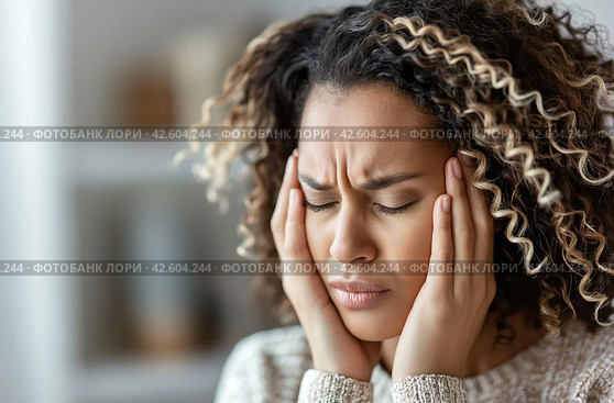 Woman with severe headache. Стоковое AI-изображение, AI-художник Данил Руденко / Фотобанк Лори