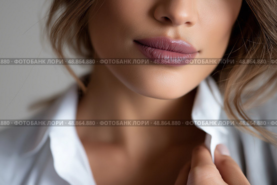 Woman with soft lips adjusting her collar in a calm indoor setting. Женщина с мягкими губами поправляет воротник в спокойном помещении. Стоковое AI-изображение, AI-художник Katsiaryna Repich / Фотобанк Лори