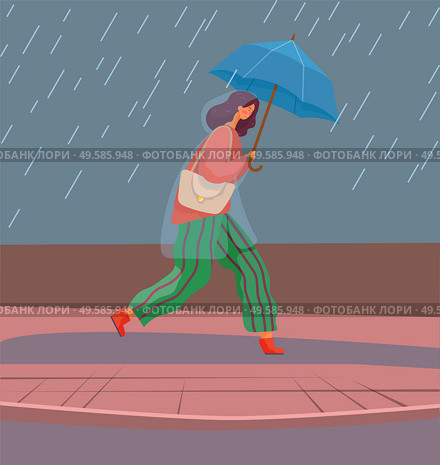 Woman with umbrella under autumn rain walking on puddles vector. Rainfall and fall weather, girl in raincoat with parasol, seasonal forecast changes. Person and outdoor activity illustration. Girl in Rain with Umbrella, Autumn Rainy Weather. Стоковая иллюстрация, агентство Ingram Publishing / Фотобанк Лори