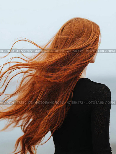 Woman with vibrant red hair flowing in the wind. Стоковое AI-изображение, AI-художник Наталья Симакова / Фотобанк Лори
