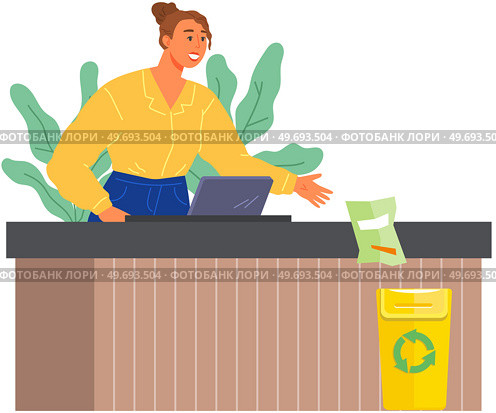 Woman working in store standing near waste bin. Eco living, green thinking, conscious consumption concept. Lady throws out plastic trash package for recycling. Girl caring for nature and environment. Woman working in store standing near waste bin. Lady throws out plastic trash package for recycling. Стоковая иллюстрация, агентство Ingram Publishing / Фотобанк Лори