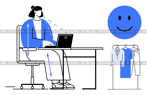 Woman working on a laptop at a desk, happy face icon, clothing rack. Ideal for productivity, ergonomics, office setup, remote work, mental health work-life balance tech lifestyle. Line metaphor. Working Woman in Modern Office Setting with Laptop, Clothing Rack, and Positive Atmosphere. Стоковая иллюстрация, агентство Ingram Publishing / Фотобанк Лори