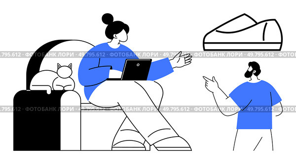 Woman working on laptop and discussing with male colleague about a prototype. Cat lounging on sofa. Ideal for teamwork, remote work, design, innovation, technology, collaboration, creative. Remote Team Collaboration via Laptop with Female Leader, Cat, Male Teammate, and Prototype Presentation. Стоковая иллюстрация, агентство Ingram Publishing / Фотобанк Лори