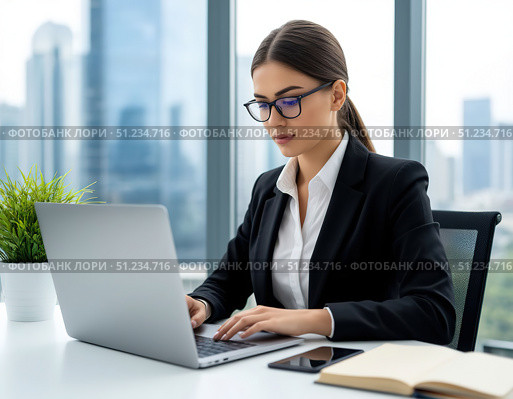 Woman working on laptop in office near window with view of city skyscrapers. Стоковое AI-изображение, AI-художник Ирина Самойлова / Фотобанк Лори