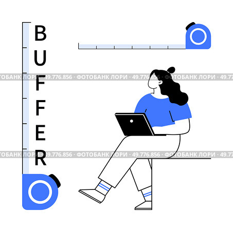 Woman working on laptop while sitting, surrounded by two measuring tapes marked BUFFER. Ideal for productivity, remote work, time management, technology, efficiency, balance, project planning. Line. Woman Sitting with Laptop and Buffer Tapes. Стоковая иллюстрация, агентство Ingram Publishing / Фотобанк Лори
