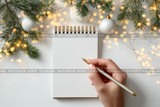 Woman's hand writing in empty notebook at the desk with Christmas decoration. Back to life, goal list. Plan, goals, checklist, idea concept. Top view, copy space. New Year. Blank White Paper Sheet. Стоковое AI-изображение, AI-художник Марина Демидюк / Фотобанк Лори