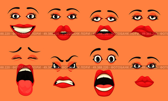 Women cute mouth lips eyes facial expressions gestures emotions of surprise happiness sadness cartoon set vector illustration . Cartoon Women Mouth Set . Стоковая иллюстрация, агентство Ingram Publishing / Фотобанк Лори
