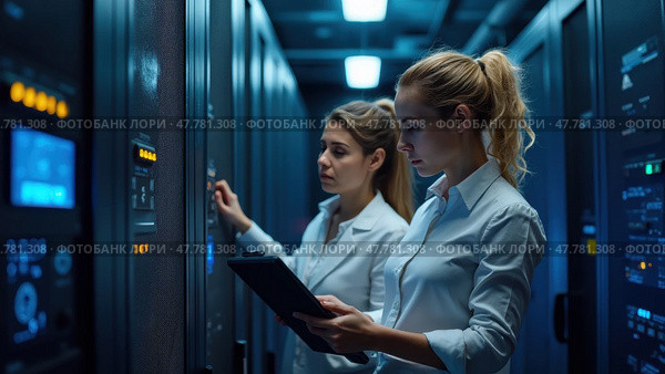 Women Monitoring Servers in a Data Center, Focused and Engaged in Their Tasks While Looking at Screens. Concept of Tech Services, IT Consulting, Data Management. Стоковое AI-изображение, AI-художник Sergey Grishin / Фотобанк Лори