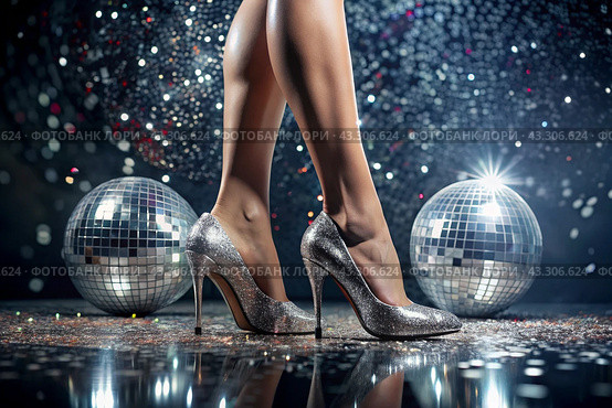 Women's legs in luxurious shiny pumps with heels at a party or disco on the background of a silver mirrored disco ball. The queen of the dance floor. Стоковое AI-изображение, AI-художник Photojuli / Фотобанк Лори
