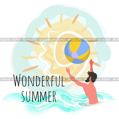Wonderful summer, man playing ball in water, tossing and catching it, isolated vector label. Activity funny summertime. Side view of male with beard, splashing or training in pool. Male Playing Ball in Pool, Water Activity Vector. Стоковая иллюстрация, агентство Ingram Publishing / Фотобанк Лори