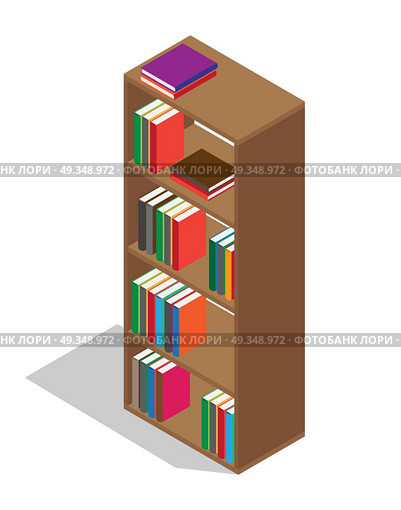 Wooden Bookcase Full of Textbooks Illustration. Tall wooden bookcase full of educational textbooks in colorful hardcovers isolated cartoon vector illustration on white background. Стоковая иллюстрация, агентство Ingram Publishing / Фотобанк Лори