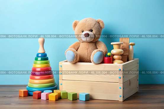 Wooden box with children's toys. A container with a teddy bear and educational wooden toys on a light blue background. Стоковое AI-изображение, AI-художник Photojuli / Фотобанк Лори
