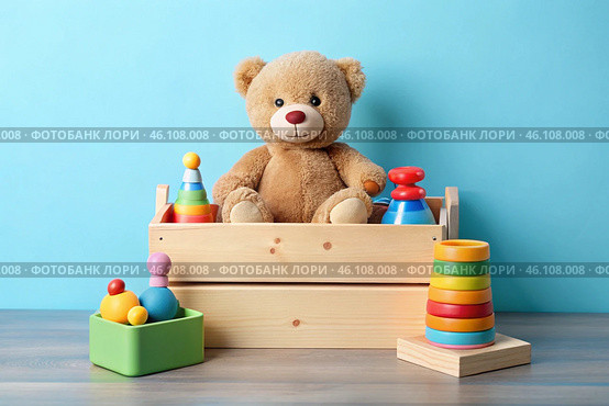 Wooden box with children's toys. A container with a teddy bear and educational wooden toys on a light blue background. Стоковое AI-изображение, AI-художник Photojuli / Фотобанк Лори