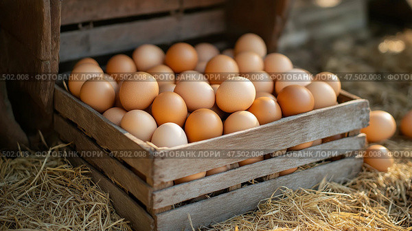 Wooden crate filled with farm-fresh eggs placed on straw in a rustic setting. Деревянный ящик, наполненный свежими яйцами, разложенными на соломе в деревенском стиле. Стоковое AI-изображение, AI-художник Katsiaryna Repich / Фотобанк Лори
