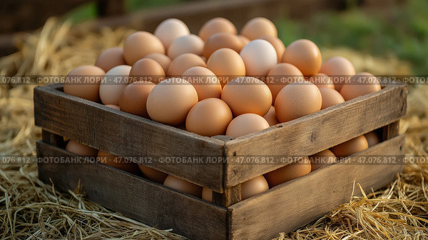 Wooden crate with farm-fresh eggs placed on straw in a rustic outdoor setting. Деревянный ящик с фермерскими яйцами, разложенными на соломе в деревенском стиле на открытом воздухе. Стоковое AI-изображение, AI-художник Katsiaryna Repich / Фотобанк Лори