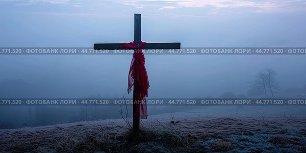 Wooden cross with red fabric in foggy background, concept of spirituality. Стоковое AI-изображение, AI-художник Анастасия Золотницкая / Фотобанк Лори