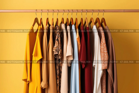 Wooden hangers with clothes on the rail in the store with women's clothing for sale. Flea market, second hand, discount, exchange, donation. Стоковое AI-изображение, AI-художник Оксана Гильман / Фотобанк Лори