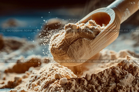 Wooden scoop pouring maca powder into a pile. Стоковое AI-изображение, AI-художник Иван Рябоконь / Фотобанк Лори
