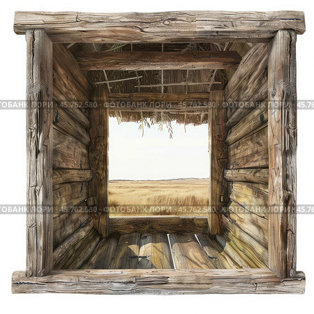 Wooden shack overlooking a golden field on a clear day. Стоковое AI-изображение, AI-художник Иван Рябоконь / Фотобанк Лори