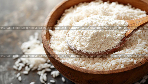 Wooden spoon scooping rice flour from bowl of grains. Стоковое AI-изображение, AI-художник Юрий Поздников / Фотобанк Лори