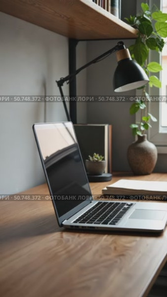 Wooden work desk with laptop and documents, books, modern interior of cozy cabinet, table for businessman or student at home, comfortable workspace, workplace with computer in apar. Стоковое AI-видео, аниматор Sergey Grishin / Фотобанк Лори