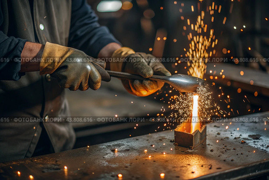 Work at the factory. Working professions. Men's hands in protective gloves with metal. There are sparks around. Hard work that requires high concentration and professionalism. Стоковое AI-изображение, AI-художник Photojuli / Фотобанк Лори