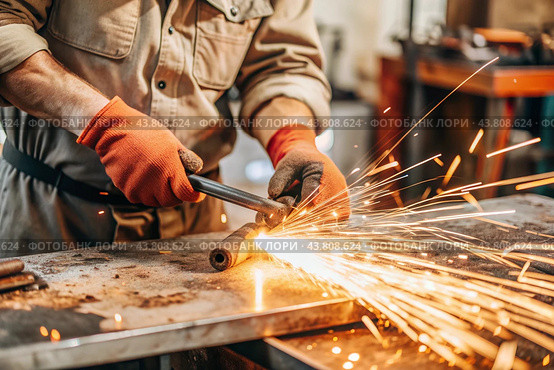 Work at the factory. Working professions. Men's hands in protective gloves with metal. There are sparks around. Hard work that requires high concentration and professionalism. Стоковое AI-изображение, AI-художник Photojuli / Фотобанк Лори