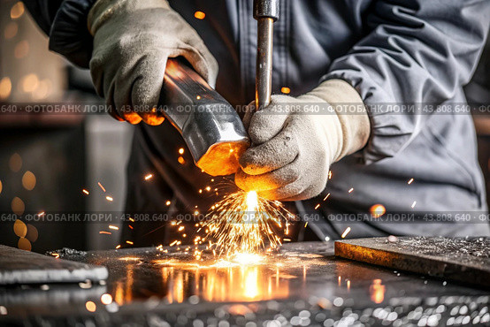 Work at the factory. Working professions. Men's hands in protective gloves with metal. There are sparks around. Hard work that requires high concentration and professionalism. Стоковое AI-изображение, AI-художник Photojuli / Фотобанк Лори