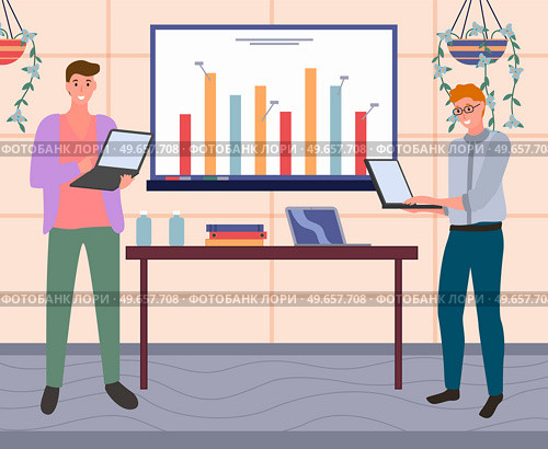 Work with statistics, business development research. Statistics analytics results on board. Employees working with laptops with business data analysing. Men make presentation of business indicators. Men make presentation of business indicators. Statistics analytics results, data analysing on board. Стоковая иллюстрация, агентство Ingram Publishing / Фотобанк Лори