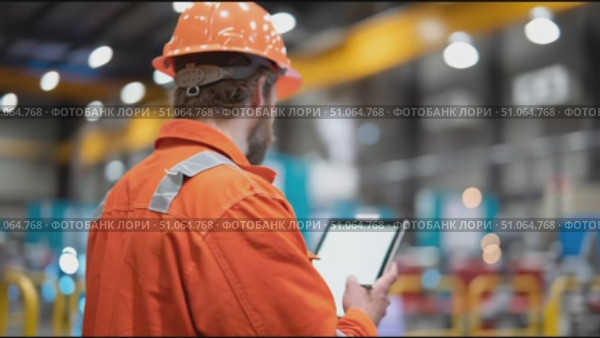 Worker conducts safety inspection in industrial facility during daylight hours. Стоковое AI-видео, аниматор Сергей Толмачёв / Фотобанк Лори