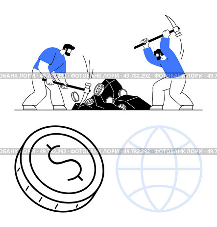 Workers mining digital currency coins with pickaxes, accompanied by coin and global network symbols. Ideal for technology, finance, blockchain, cryptocurrency, investment, digital economy, global. Digital currency mining with people using pickaxes among cryptocurrency coins and global network symbol. Стоковая иллюстрация, агентство Ingram Publishing / Фотобанк Лори