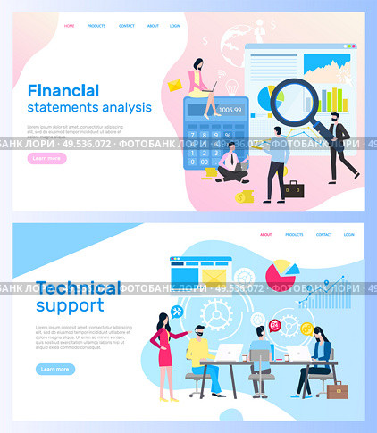 Workers with laptops, man with loupe and gadgets, woman holding computer. Modern page of financial statements analysis and technical support vector. Website template, landing page in flat style. Page of Finances and Technical Support vector. Стоковая иллюстрация, агентство Ingram Publishing / Фотобанк Лори