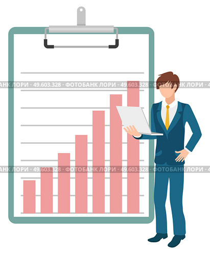 Working businessman vector isolated character with laptop. Business analysis and analytics, stats and planning, growing chart clipboard success achievement. Clipboard with Growing Chart Businessman Vector. Стоковая иллюстрация, агентство Ingram Publishing / Фотобанк Лори