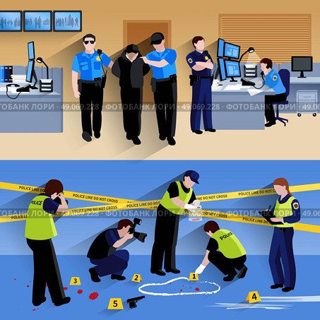 Working Policeman People  Horizontal Banners Compositions. Horizontal banners compositions of  policeman people in office and criminalists working outside flat shadow vector illustration. Стоковая иллюстрация, агентство Ingram Publishing / Фотобанк Лори