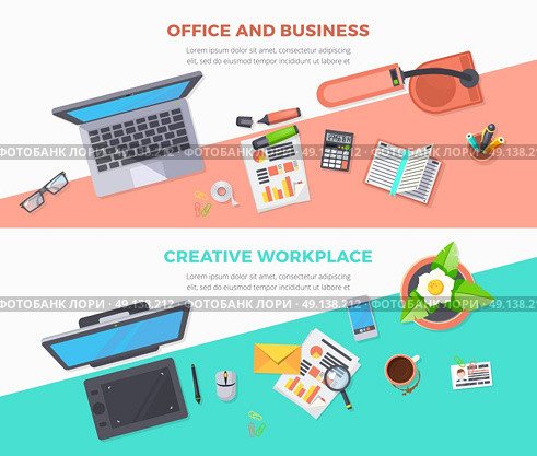 Workplace Office Horizontal Banners. Horizontal banners of top view workplace office with related items two variants business and creative flat vector illustration. Стоковая иллюстрация, агентство Ingram Publishing / Фотобанк Лори