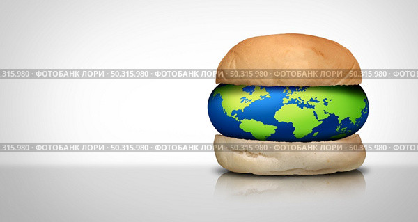 World cuisine and global food concept as the planet earth as a as a hamburger bun for international restaurant meals or appetite and hunger in society with 3D illustration elements. Стоковое фото, агентство Ingram Publishing / Фотобанк Лори