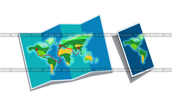 World map booklet isolated on white background, vector illustration of paper with printed countries and continents, traveling path, vacation planning. World Map Booklet Isolated on White Background. Стоковая иллюстрация, агентство Ingram Publishing / Фотобанк Лори