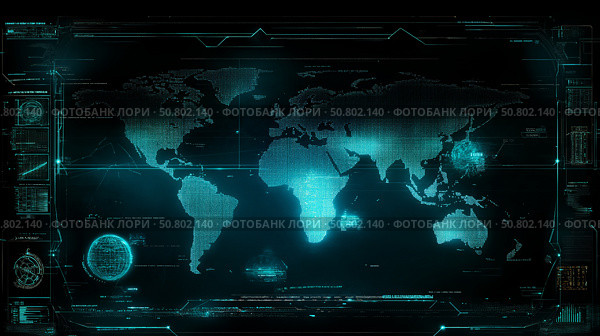 World map with detailed geographic features and grid layout displayed on a vibrant blue background. Стоковое AI-изображение, AI-художник Михаил Коханчиков / Фотобанк Лори