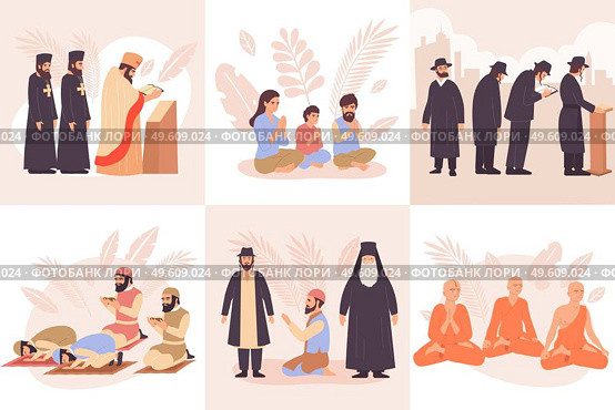 World religions composition flat icon set with praying buddhists christians jews and muslims vector illustration. World Religions Composition Flat Icon Set. Стоковая иллюстрация, агентство Ingram Publishing / Фотобанк Лори