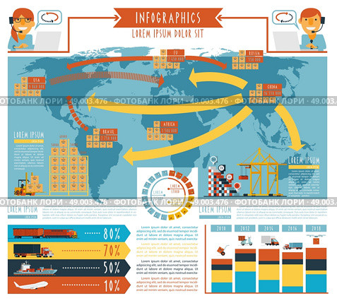 Worldwide  cargo  transportation and 24h delivery service logistic concept schemas infographic report poster abstract flat vector illustration. Worldwide logistic infographic flat poster. Стоковая иллюстрация, агентство Ingram Publishing / Фотобанк Лори