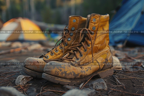 Worn hiking boots resting near camping tents. Стоковое AI-изображение, AI-художник Иван Рябоконь / Фотобанк Лори