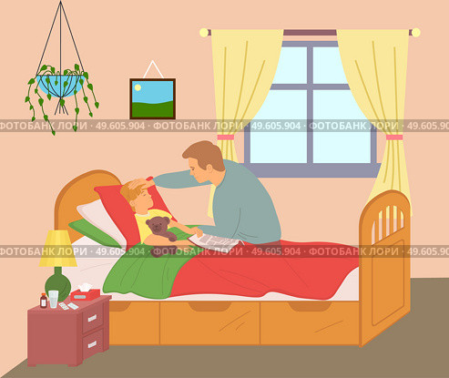 Worried father touches his son s forehead, fever, flu, coronavirus. Boy lies in bed with bear, book with fairy tales. Stay home if sick. Self-isolation for period of quarantine. Cozy sleeping interior. Boy lies in bed, dad touches child s forehead, high fever, coronavirus. Sick child and caring father. Стоковая иллюстрация, агентство Ingram Publishing / Фотобанк Лори