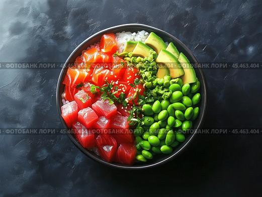 XA watermelon poke bowl with avocado, tuna, and sesame seeds, modern presentation. Created by AI. Стоковое AI-изображение, AI-художник Ярославский Максим / Фотобанк Лори