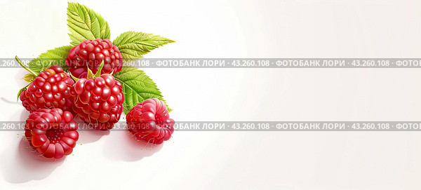 XRipe raspberries on a white background. Copy space. Стоковое AI-изображение, AI-художник Ярославский Максим / Фотобанк Лори