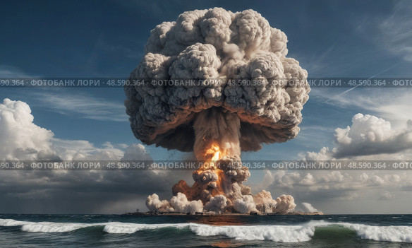 Ядерный взрыв с грибовидным облаком. Nuclear explosion with mushroom cloud. Стоковое AI-изображение, AI-художник Гер Олег / Фотобанк Лори