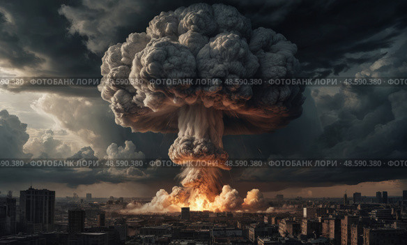 Ядерный взрыв с грибовидным облаком. Nuclear explosion with mushroom cloud. Стоковое AI-изображение, AI-художник Гер Олег / Фотобанк Лори