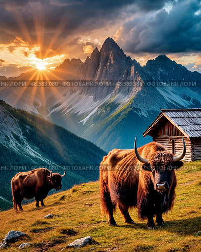 Yak (Cashmere, Mongolian, Tibetan bull) (lat. Bos mutus) is an even-toed ungulate mammal from the genus of true bovines of the Bovidae family. The yak's homeland is Tibet, where it is used as a pack and meat animal. Стоковое AI-изображение, AI-художник Сергей Елизарьев / Фотобанк Лори